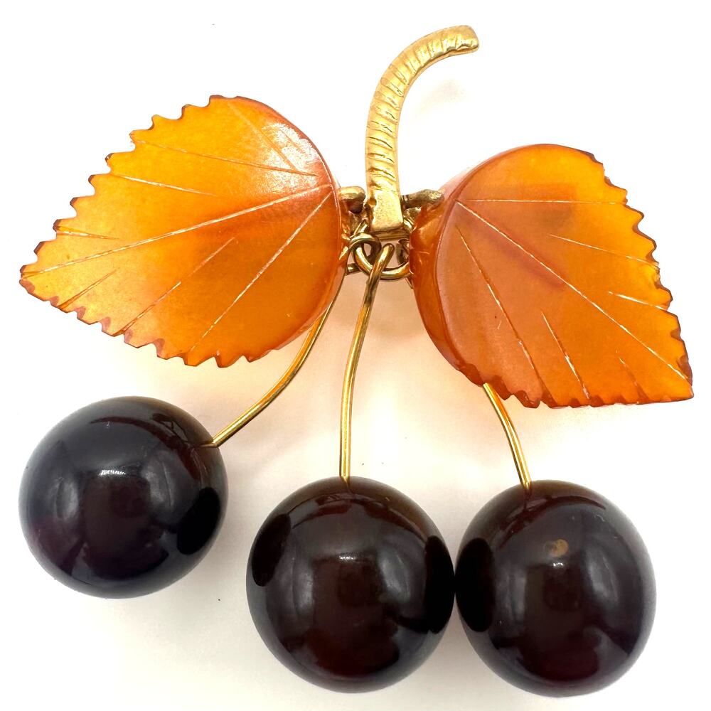 Soviet vintage gold plated genuine Baltic amber beaded cherry cherries brooch